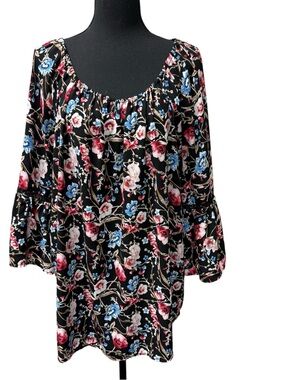 Chelsea & Theodore Black Blue Floral Peasant Blouse Flowy Boho Top 1X Size
